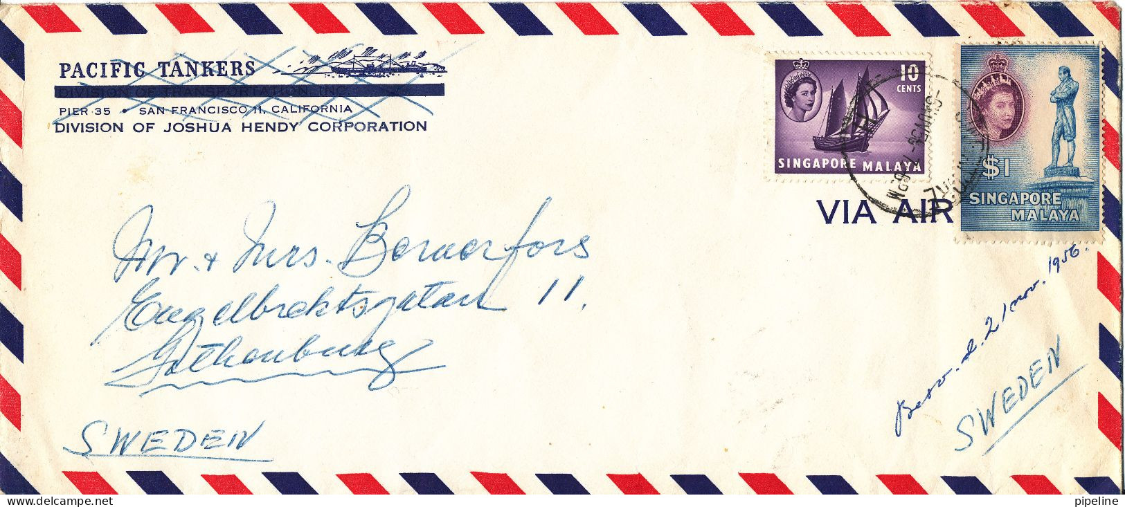 Singapore Malaya Air Mail Cover Sent To Sweden 6-11-1956 - Singapour (...-1959)