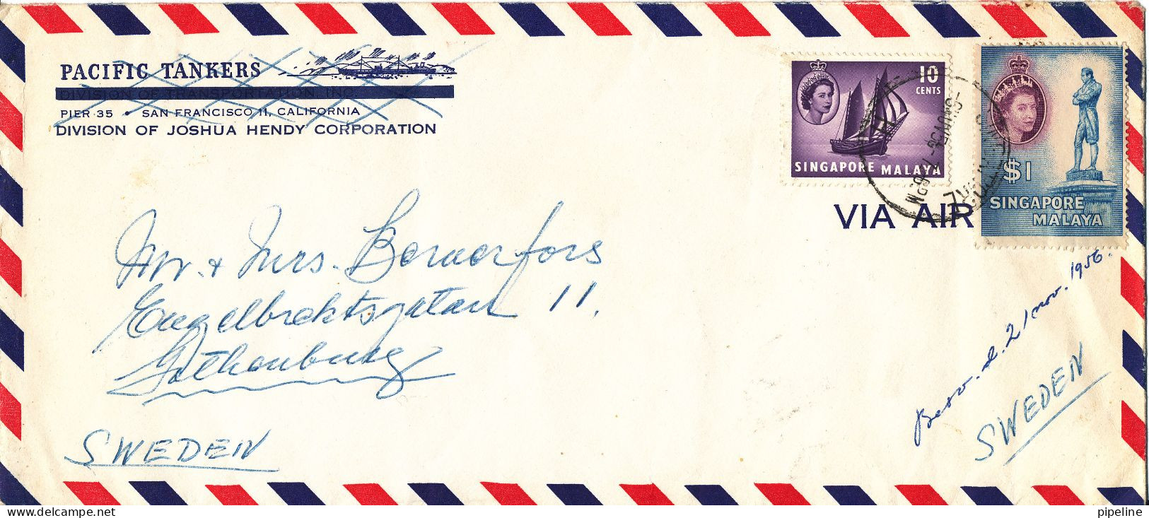 Singapore Malaya Air Mail Cover Sent To Sweden 6-11-1956 - Singapore (...-1959)