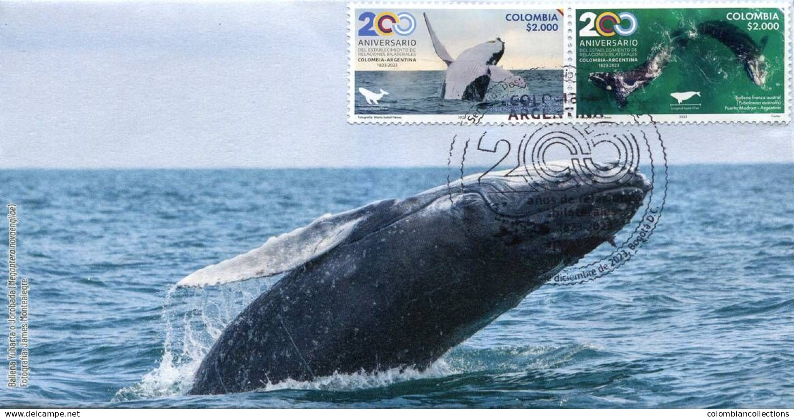 Lote 2023-16F, Colombia, 2023, SPD-FDC, Colombia-Argentina 200 Años Relaciones Bilaterales, Whale - Colombia