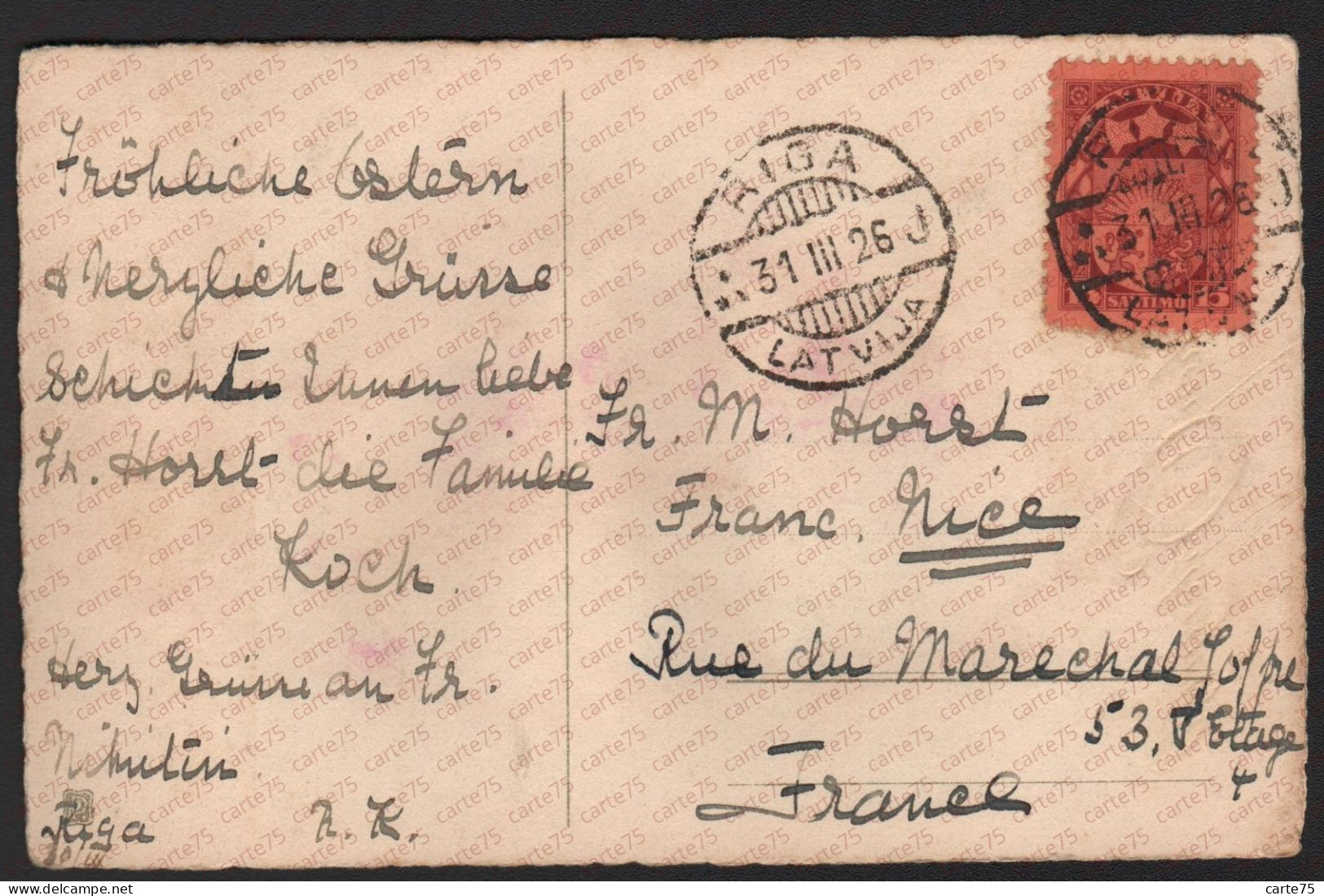 Latvia Scott #120 On 1926 Alte Postkarte From Riga To Nice France CPA Herzlichen Ostergruss Latvia Lettonie - Latvia
