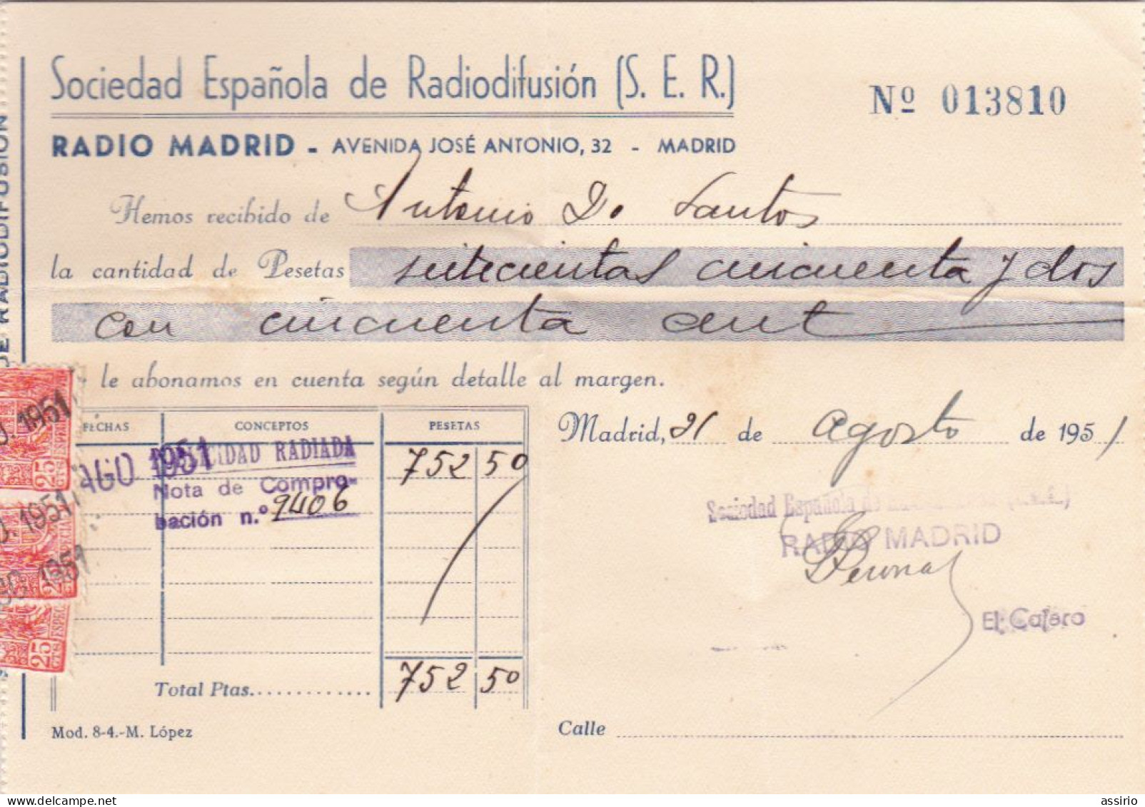 Espanha  - 15    Faturas  recibos de Restauração  do Toureiro António  Dos Santos      1951
