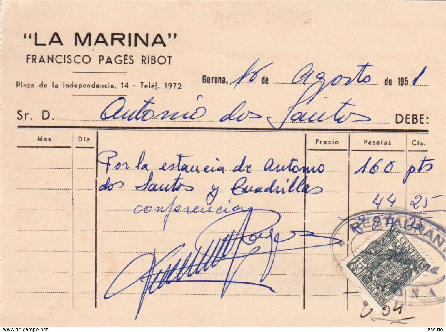 Espanha  - 15    Faturas  recibos de Restauração  do Toureiro António  Dos Santos      1951