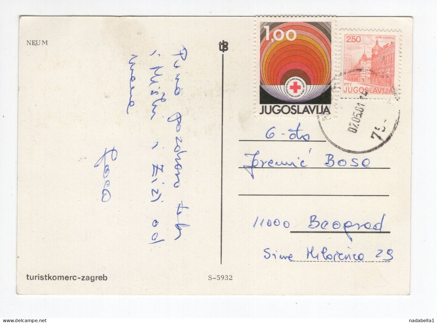 1961. YUGOSLAVIA,BOSNIA,NEUM,MULTI VIEW POSTCARD,USED,RED CROSS ADDITIONAL STAMP - Yougoslavie