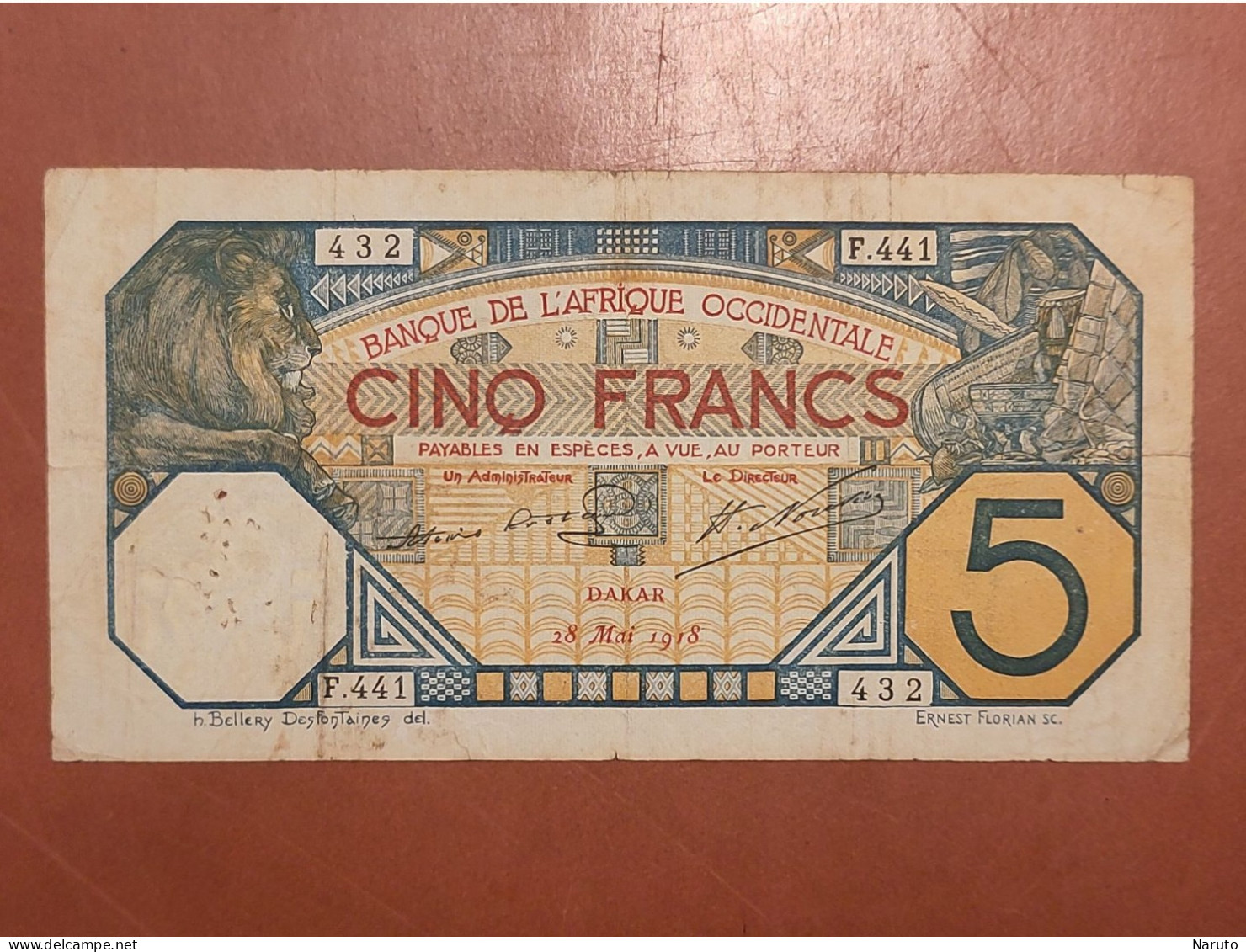 Billet De 5 Francs De La Banque De L'Afrique Occidentale, Dakar, 28 Mai 1918 - Kilowaar - Bankbiljetten