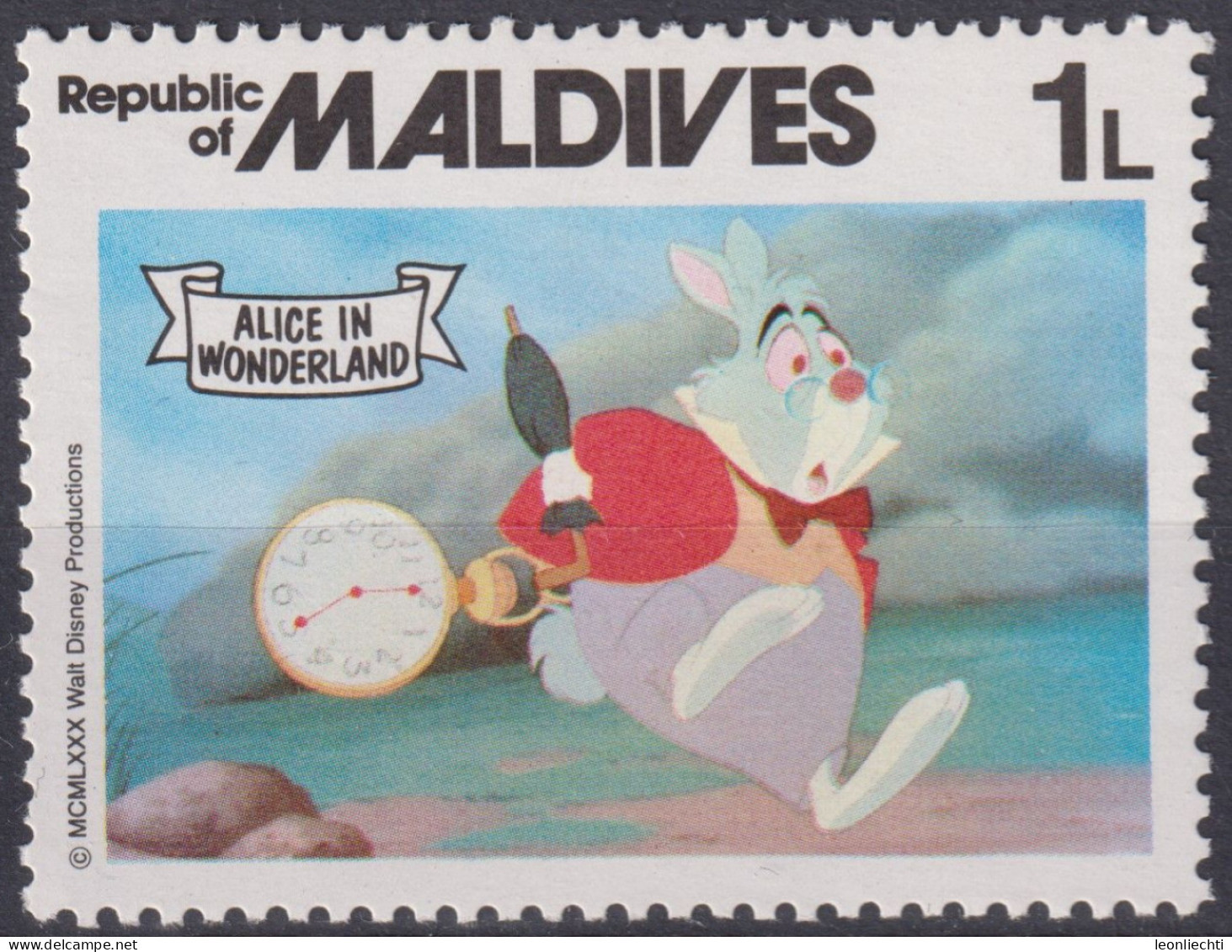 1980 Malediven ** Mi:MV 909, Yt:MV 835, The White Rabbit, Disney - Walt Disney's Animated Film "Alice In Wonderland" - Malediven (1965-...)