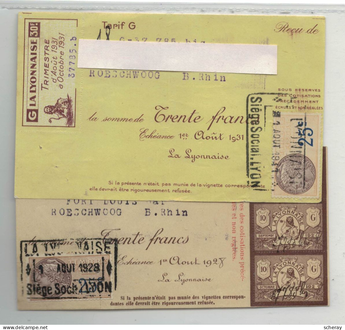 2 RECUS LYONNAISE  1928/1931 ( Lot 35 ) - Banco & Caja De Ahorros