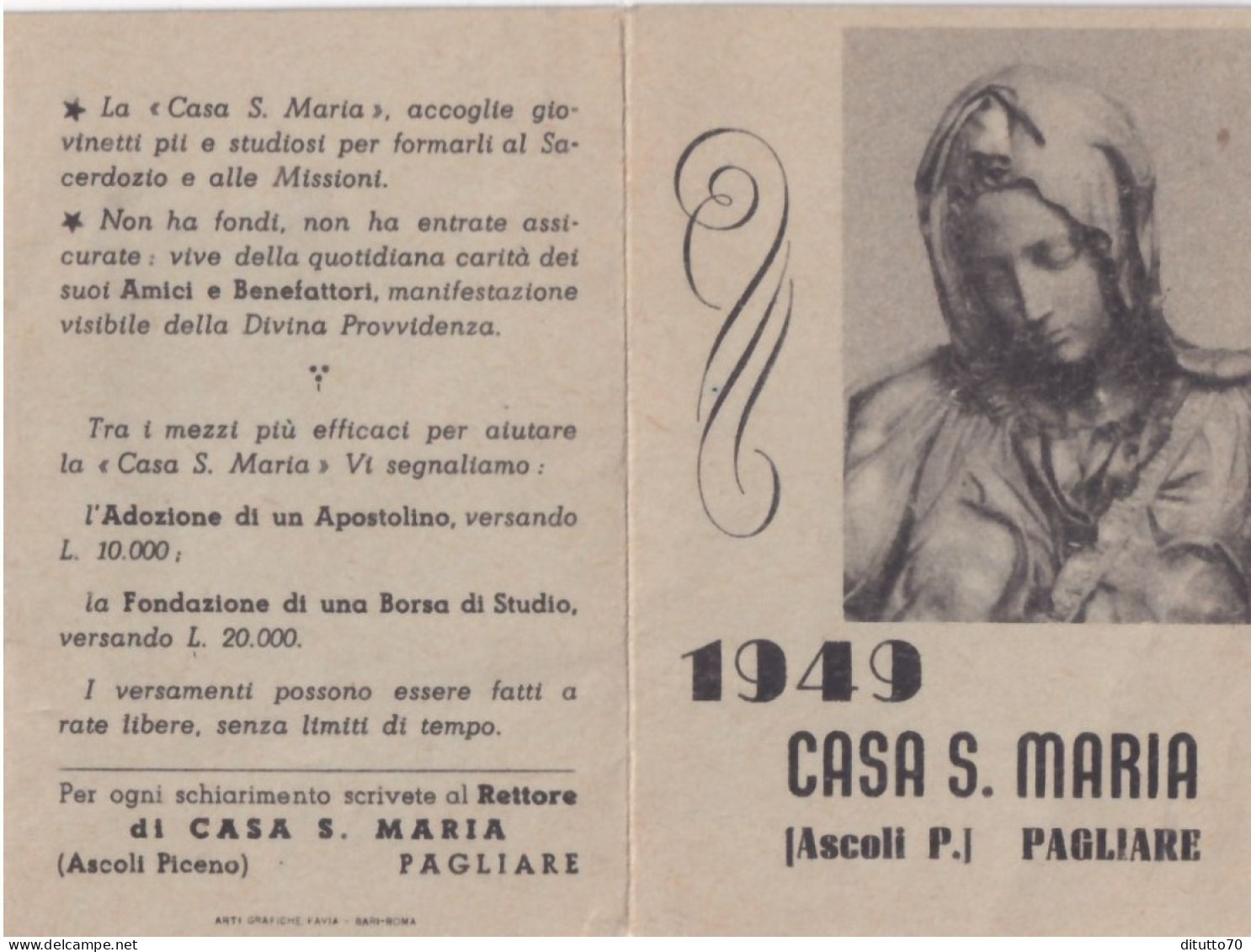 Calendarietto - Casa S.maria - Ascoli Piceno - Pagliare- Anno 1950 - Kleinformat : 1941-60
