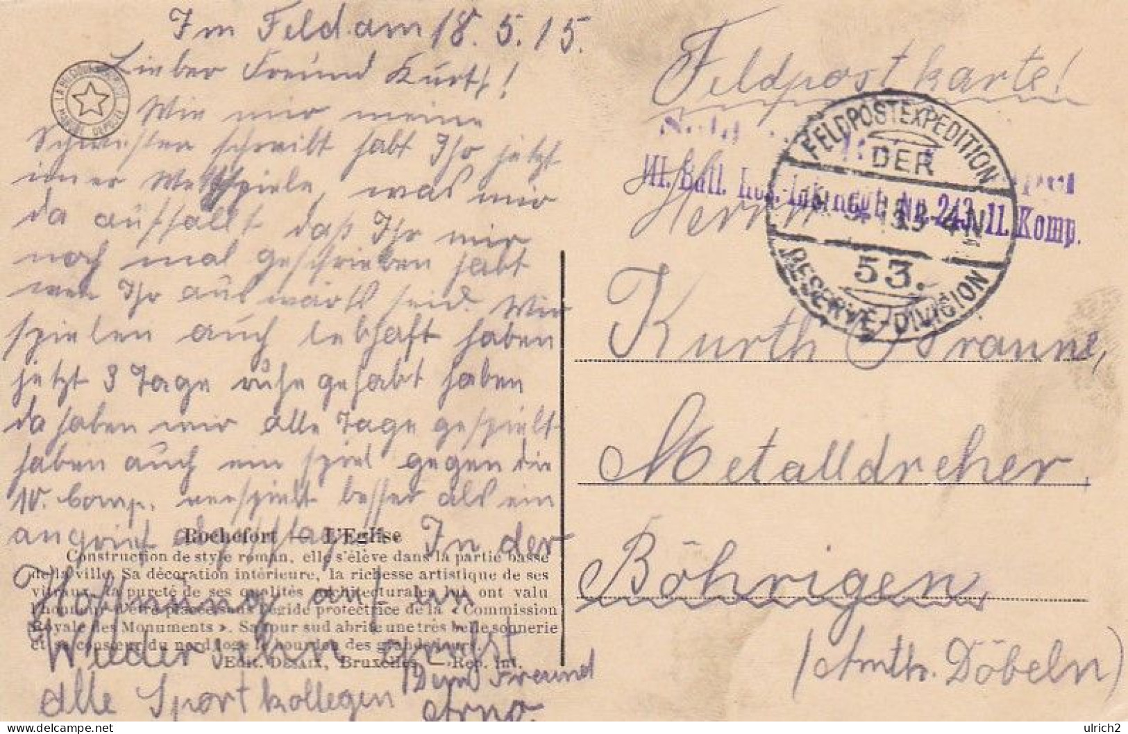 AK Rochefort - Eglise - Res. Inf. Regt. 243 - 1915 (68186) - Rochefort