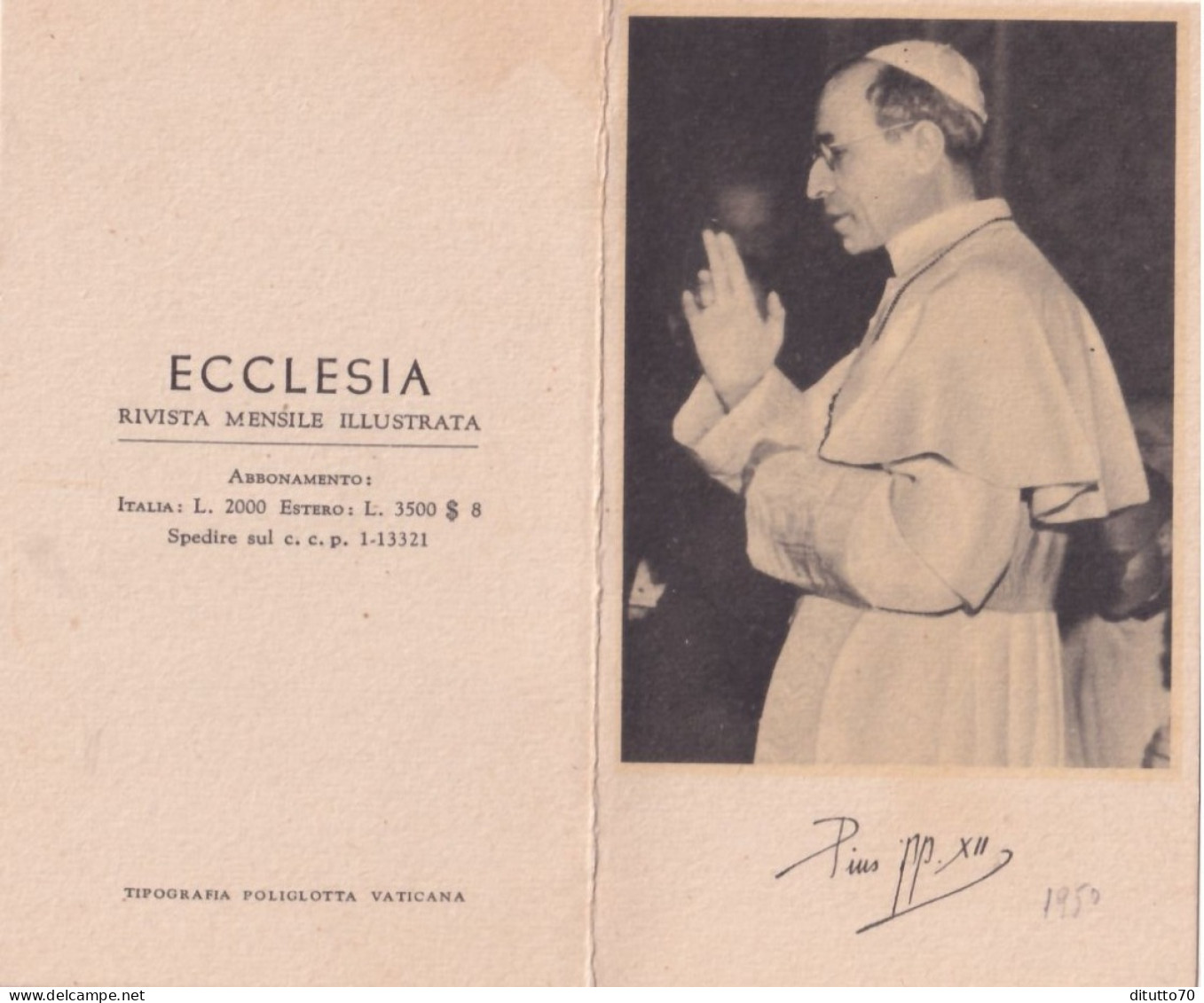 Calendarietto - Ecclesia - Rivista Mensile Illustrata - Pio XII - Anno 1950 - Formato Piccolo : 1941-60