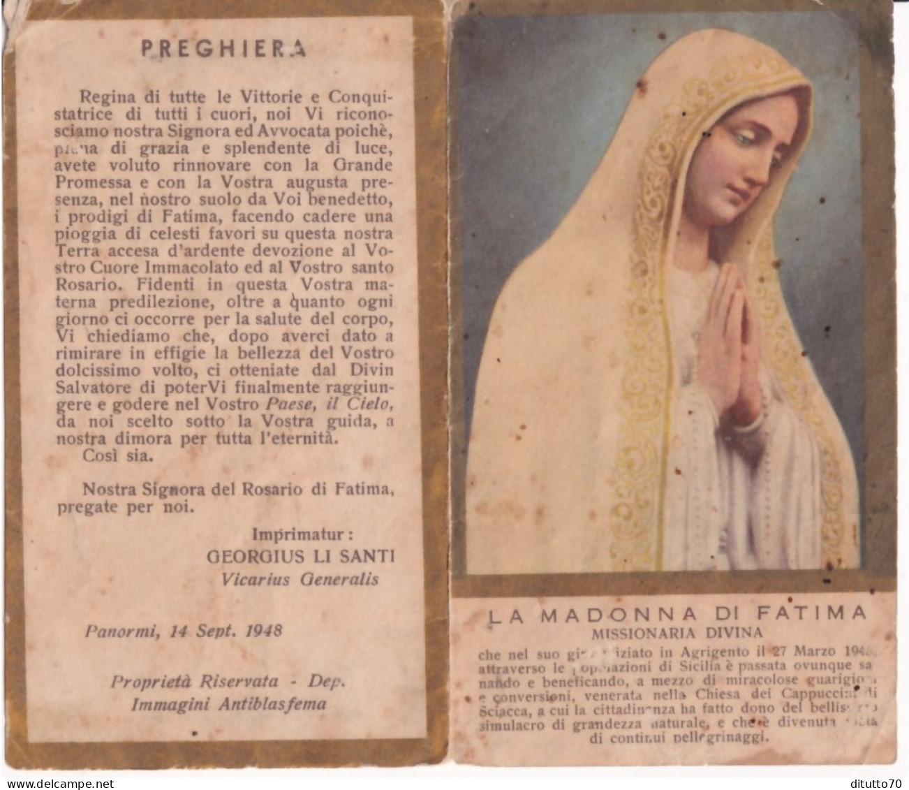 Calendarietto - La Madonna Di Fatima - Missionaria Divina  - Anno  1949 - Tamaño Pequeño : 1941-60