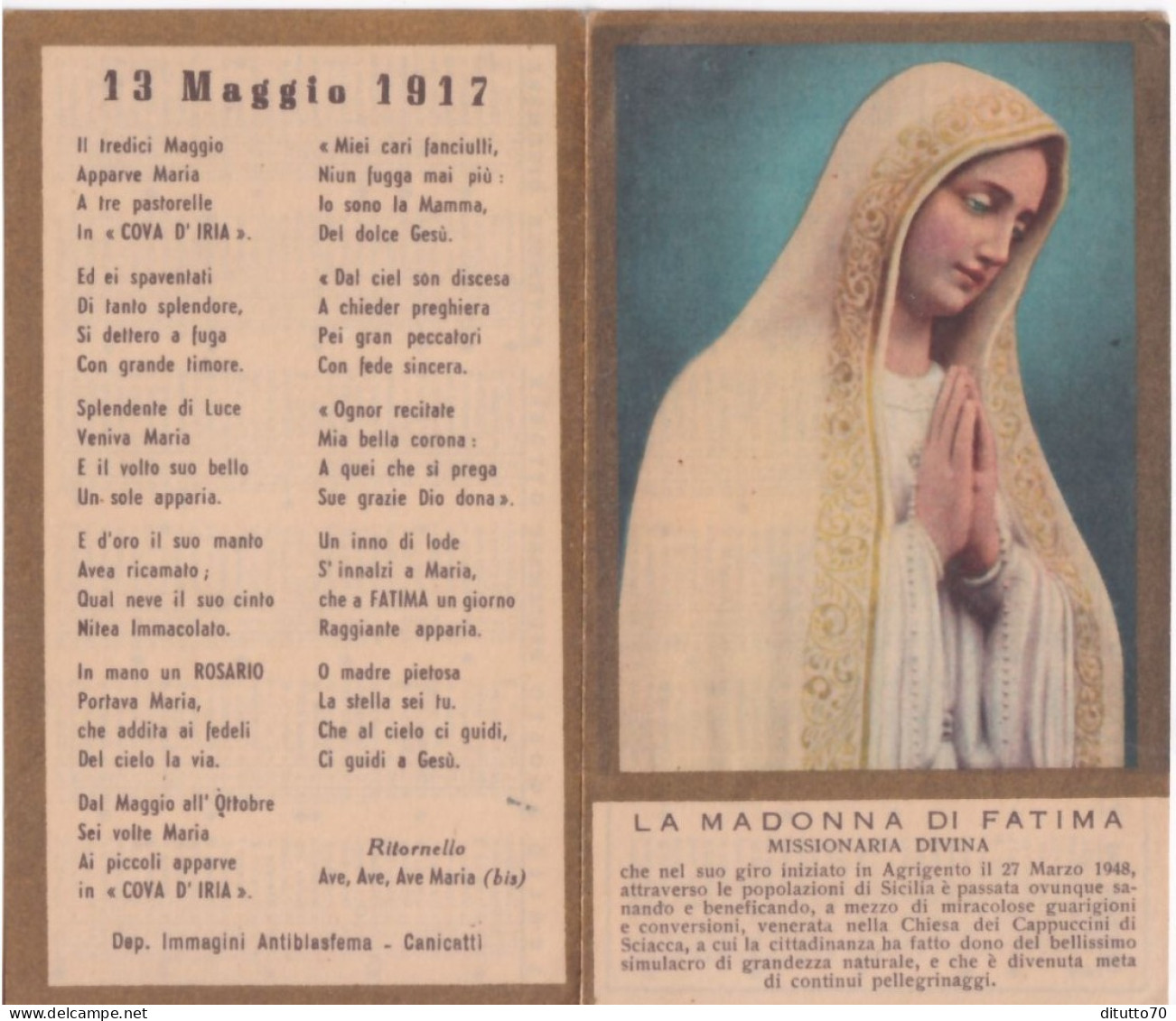 Calendarietto - La Madonna Di Fatima - Missionaria Divina - Anno  1949 - Petit Format : 1941-60