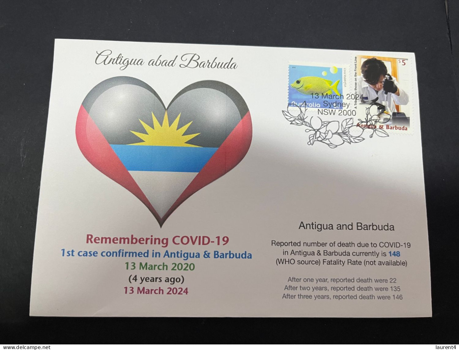 13-3-2024 (2 Y 52) COVID-19 4th Anniversary - Antigua & Barbuda - 13 March 2024 (with Antigua COVID-19 Stamp) - Disease