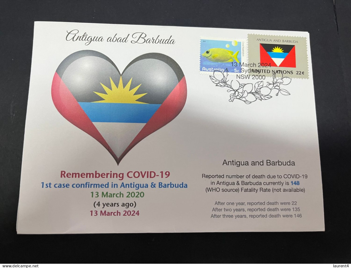 13-3-2024 (2 Y 52) COVID-19 4th Anniversary - Antigua & Barbuda - 13 March 2024 (with Antigua UN Flag Stamp) - Disease