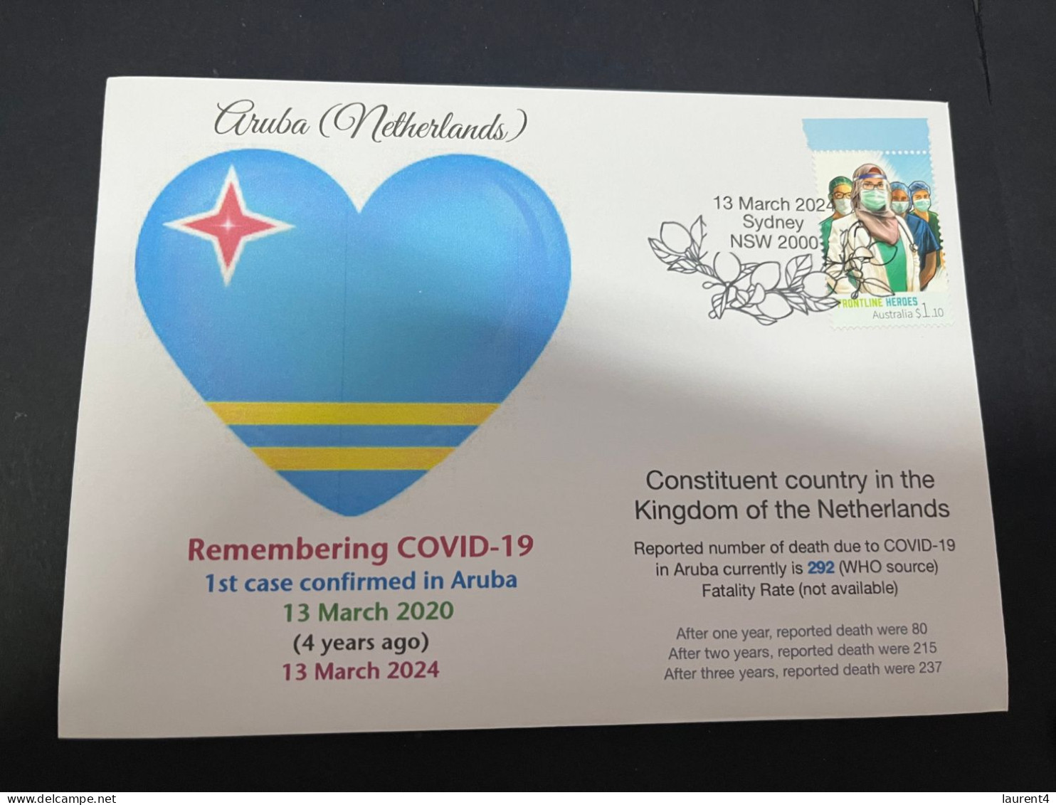 13-3-2024 (2 Y 52) COVID-19 4th Anniversary - Aruba (Netherlands) - 13 March 2024 (with OZ COVID-19 Doctor Stamp) - Disease