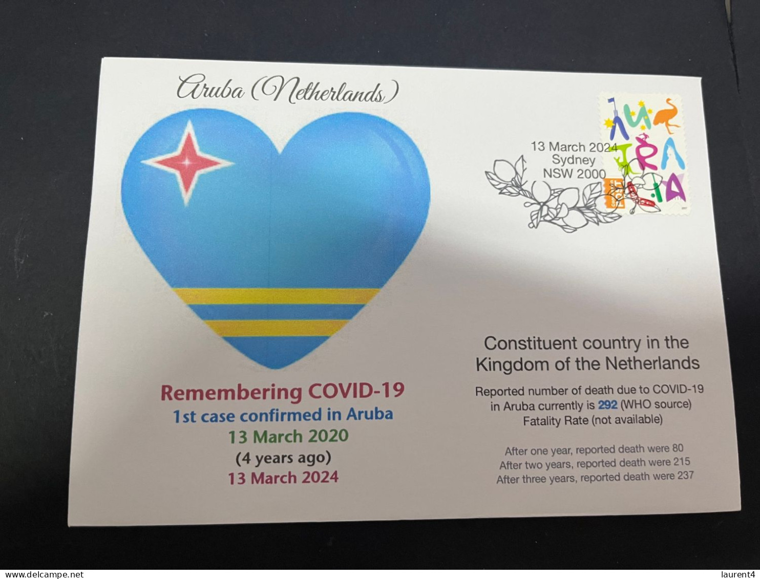 13-3-2024 (2 Y 52) COVID-19 4th Anniversary - Aruba (Netherlands) - 13 March 2024 (with Australian Stamp) - Disease