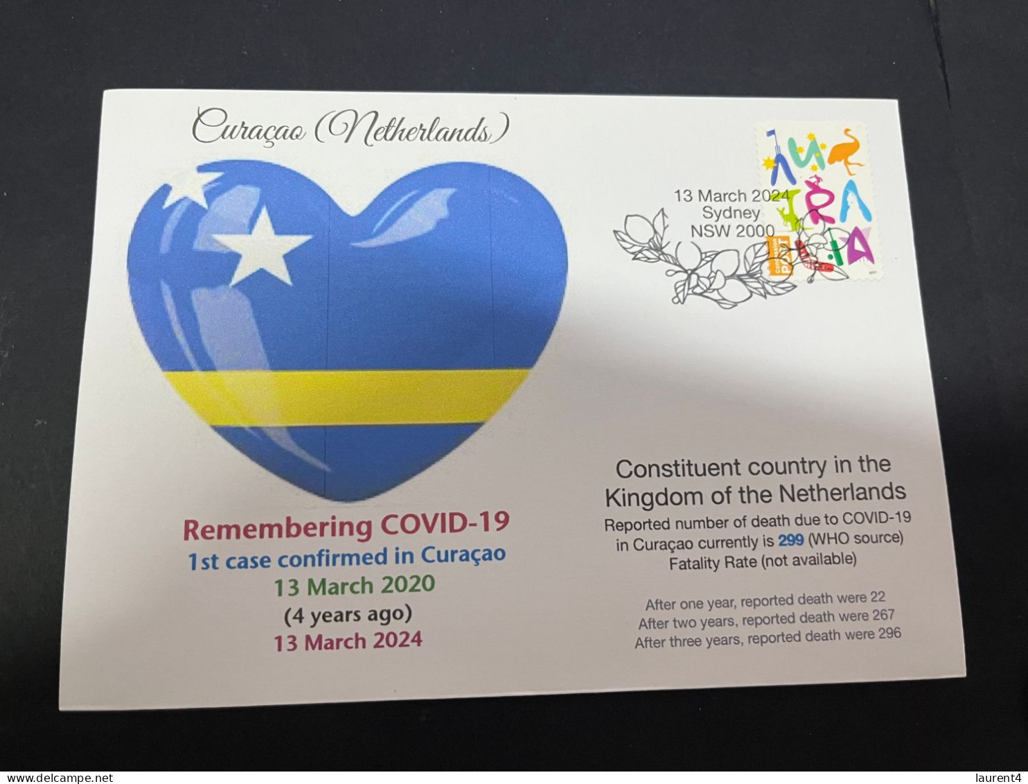 13-3-2024 (2 Y 52) COVID-19 4th Anniversary - Curaçao (Netherlands) - 13 March 2024 (with Australian Stamp) - Disease