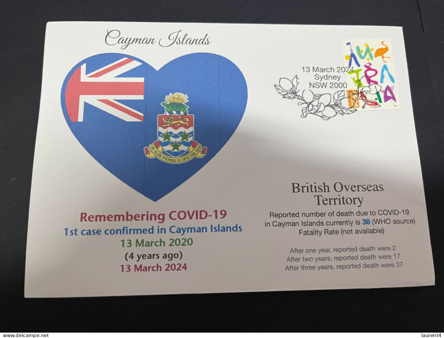 13-3-2024 (2 Y 52) COVID-19 4th Anniversary - Cayman Islands (UK) - 13 March 2024 (with Australian Stamp) - Disease