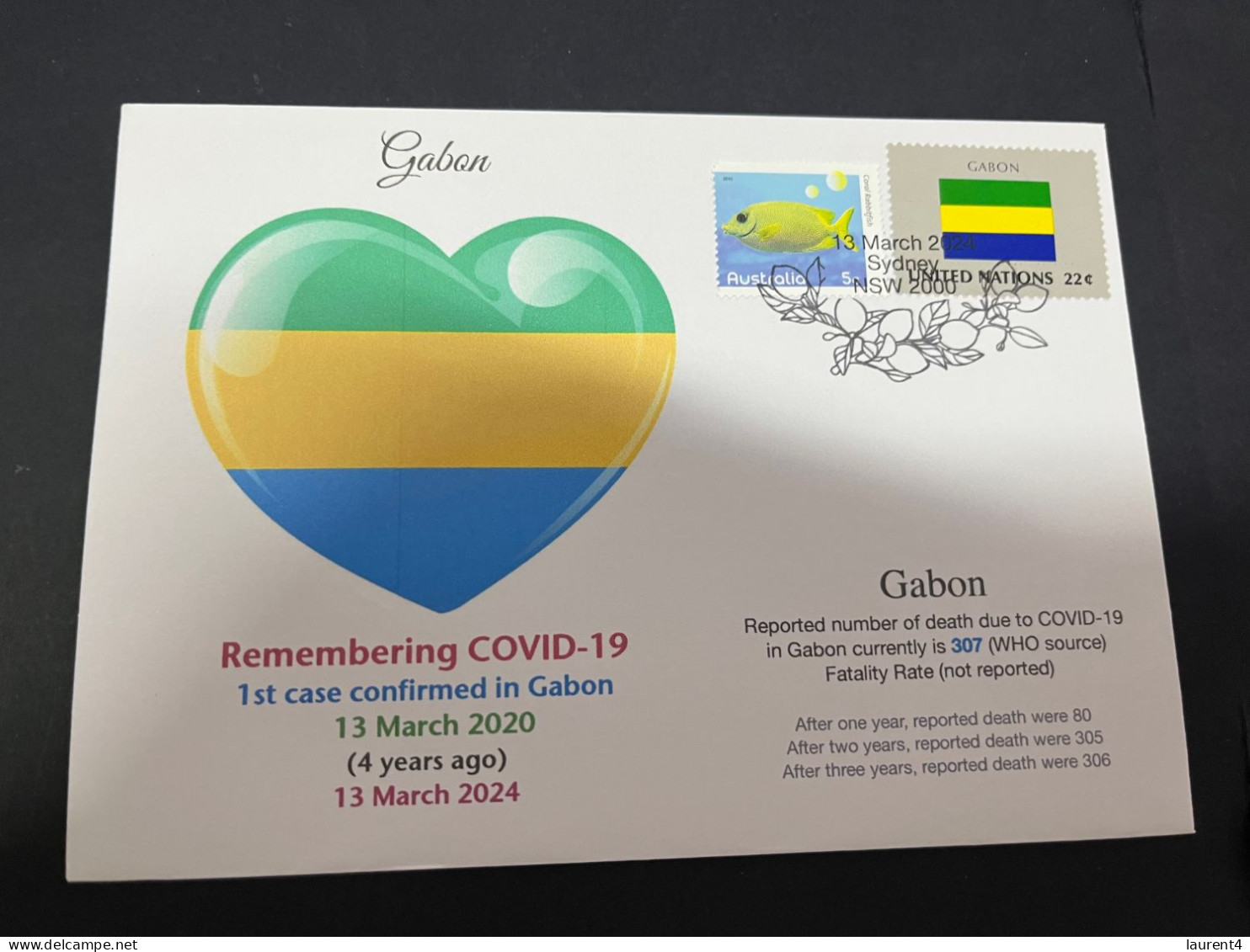 13-3-2024 (2 Y 52) COVID-19 4th Anniversary - Gabon - 13 March 2024 (with Gabon UN Flag Stamp) - Disease