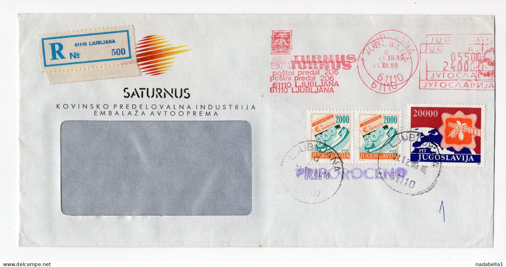 21.12..1989. INFLATIONARY MAIL,YUGOSLAVIA,SLOVENIA,LJUBLJANA, RECORDED COVER,24 000 DIN FRANKING,INFLATION - Storia Postale
