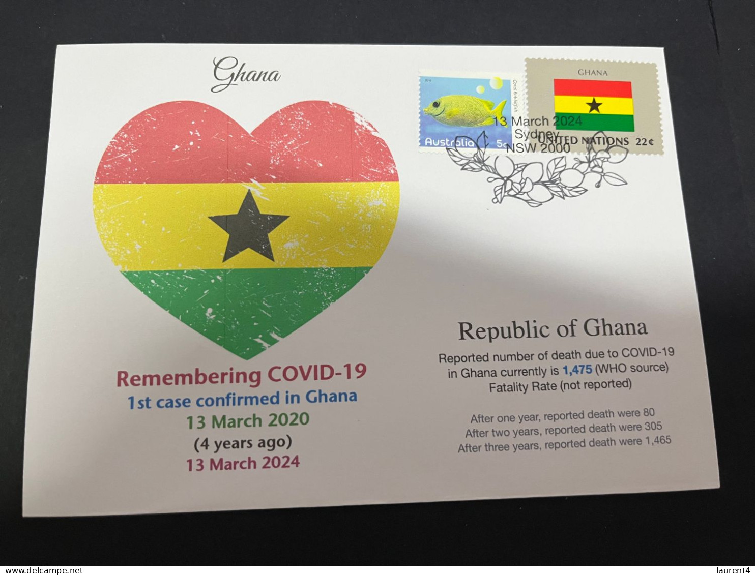13-3-2024 (2 Y 52) COVID-19 4th Anniversary - Ghana - 13 March 2024 (with Ghana UN Flag Stamp) - Disease