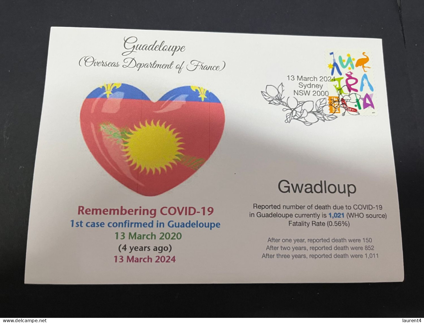 13-3-2024 (2 Y 52) COVID-19 4th Anniversary - Guadeloupe (France) - 13 March 2024 (with Australian Stamp) - Disease