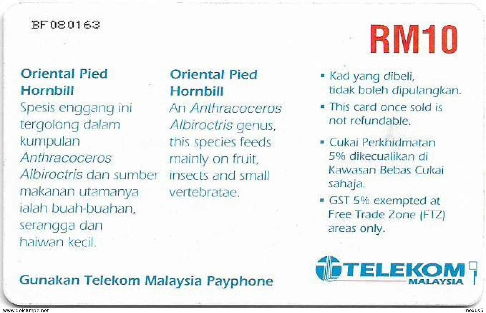 Malaysia - Telekom Malaysia (chip) - Birds - Oriental Pied Hornbill, Gem2 Black, 10RM, Used - Malaysia