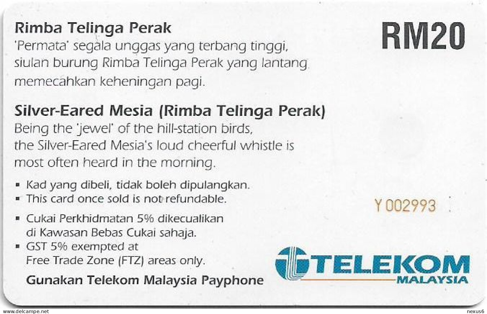 Malaysia - Telekom Malaysia (chip) - Birds - Rimba Telinga Perak, Chip SC7, 20RM, Used - Malasia