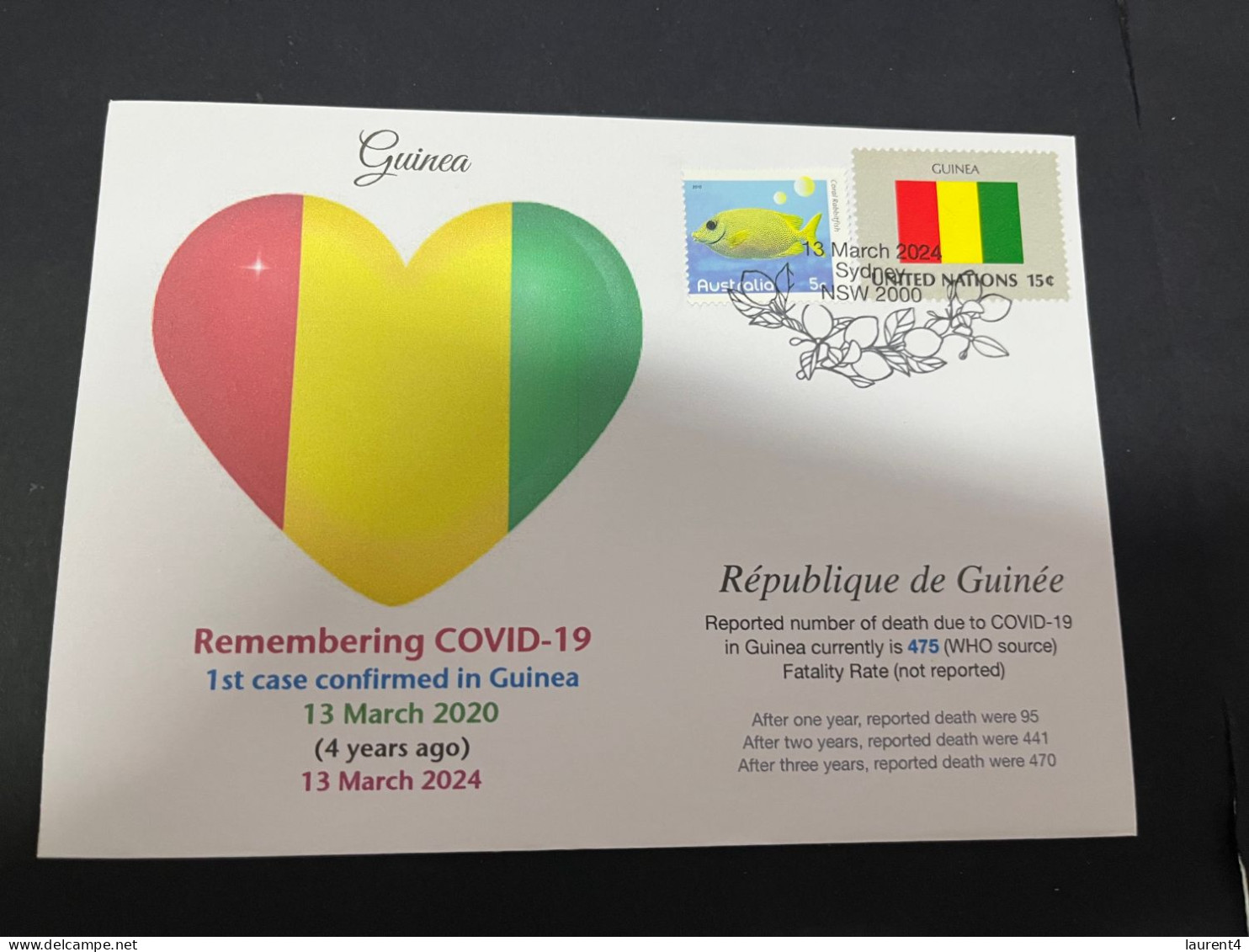 13-3-2024 (2 Y 52) COVID-19 4th Anniversary - Guinea - 13 March 2024 (with Guinea UN Flag Stamp) - Disease