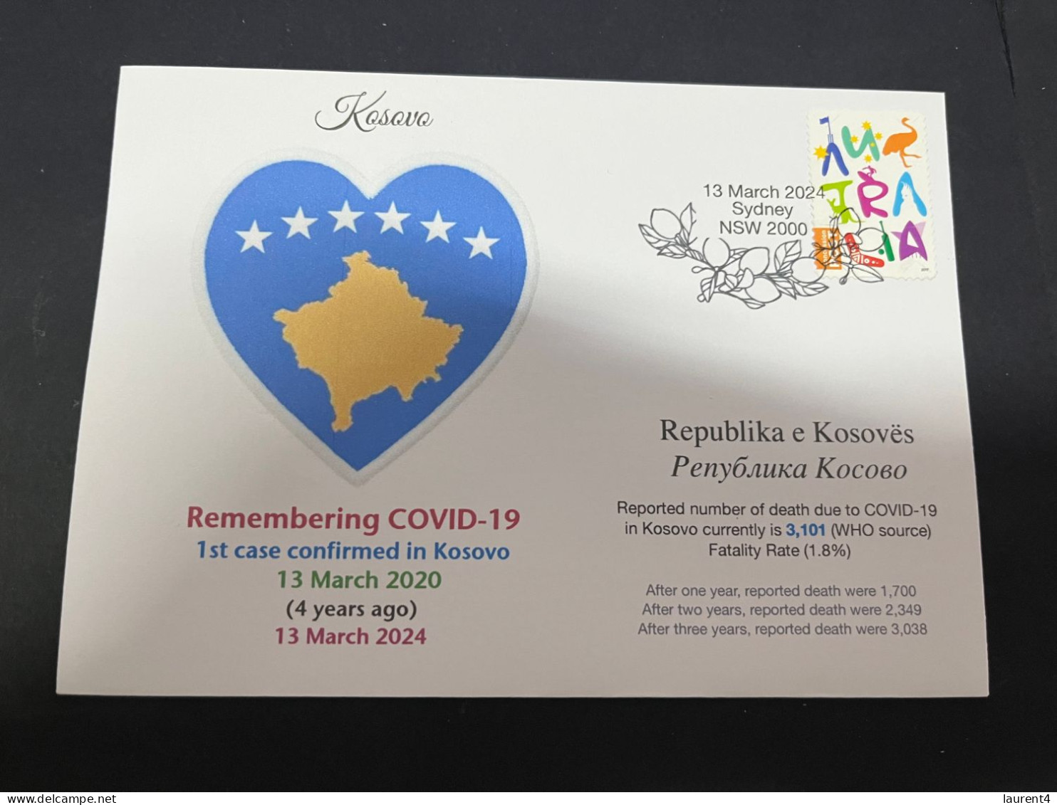 13-3-2024 (2 Y 52) COVID-19 4th Anniversary - Kosovo - 13 March 2024 (with Australian Stamp) - Disease