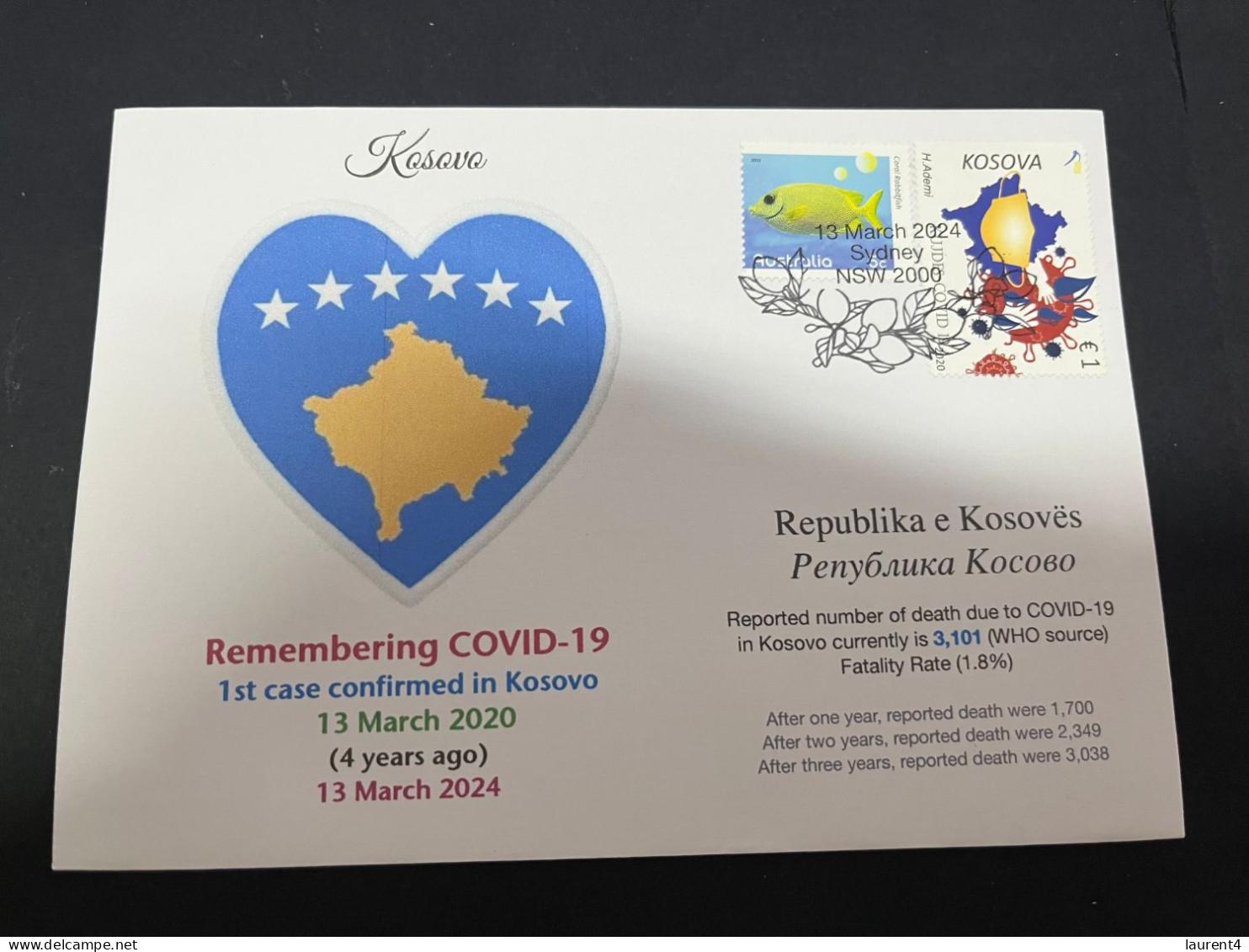 13-3-2024 (2 Y 52) COVID-19 4th Anniversary - Kosovo - 13 March 2024 (with KOSOVO COVID-19 Stamp) - Disease