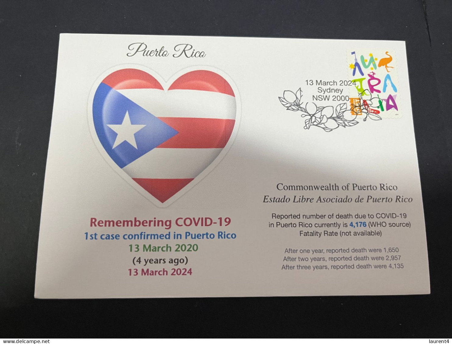 13-3-2024 (2 Y 52) COVID-19 4th Anniversary - Puerto Rico - 13 March 2024 (with Australian Stamp) - Disease