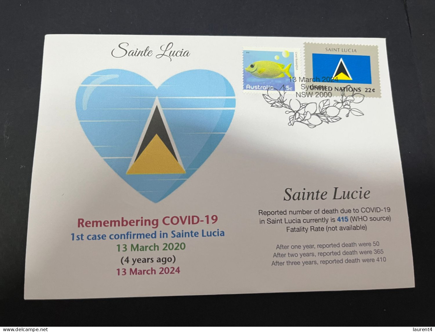 13-3-2024 (2 Y 52) COVID-19 4th Anniversary - Sainte Lucia - 13 March 2024 (with S. Lucia UN Flag Stamp) - Disease
