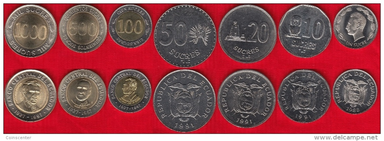 Ecuador Set Of 7 Coins: 1 - 1000 Sucres 1988-1997 UNC - Equateur