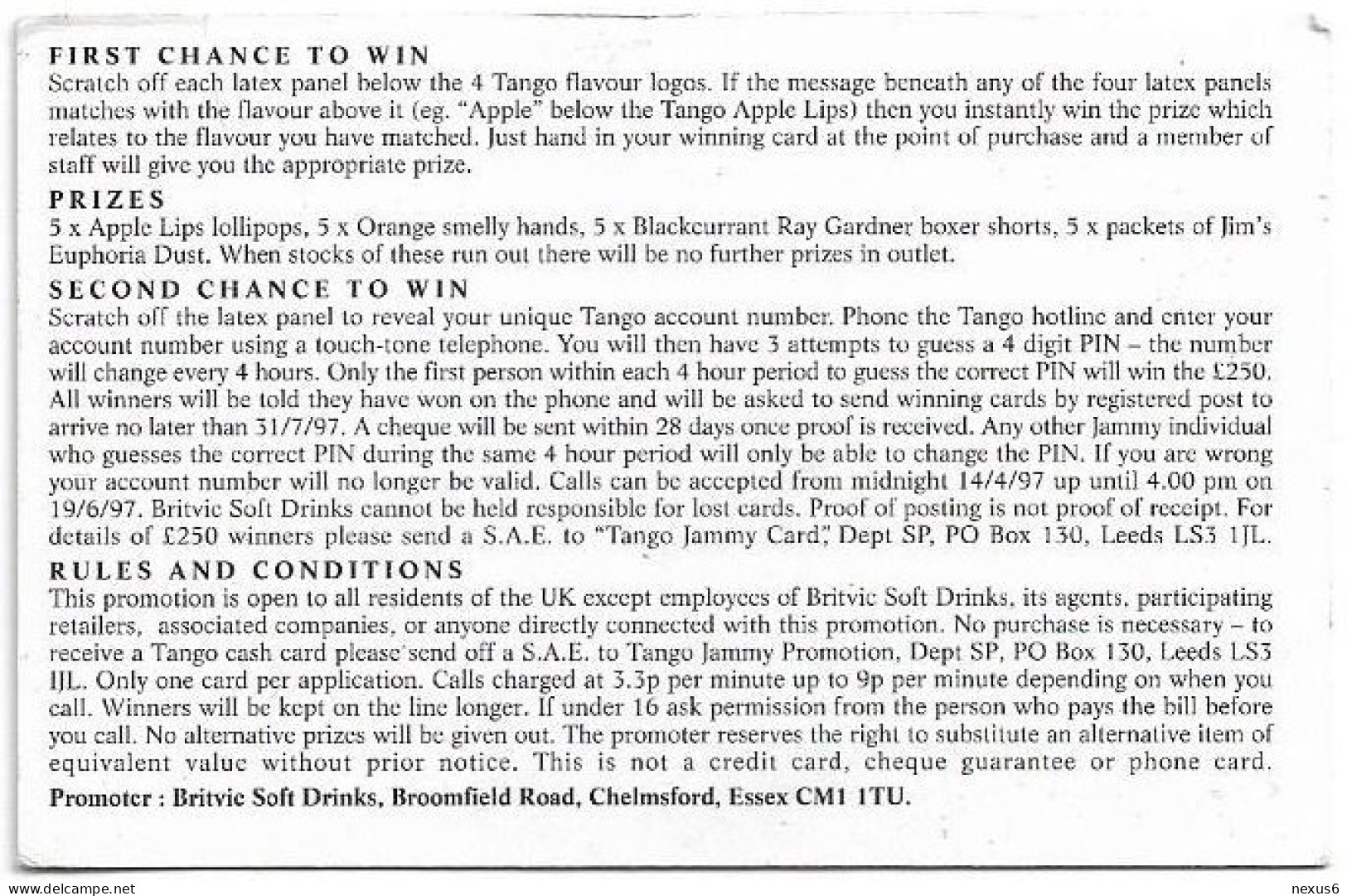 UK - The Tango Telephone Cashcard Win Prize - Emissions Entreprises