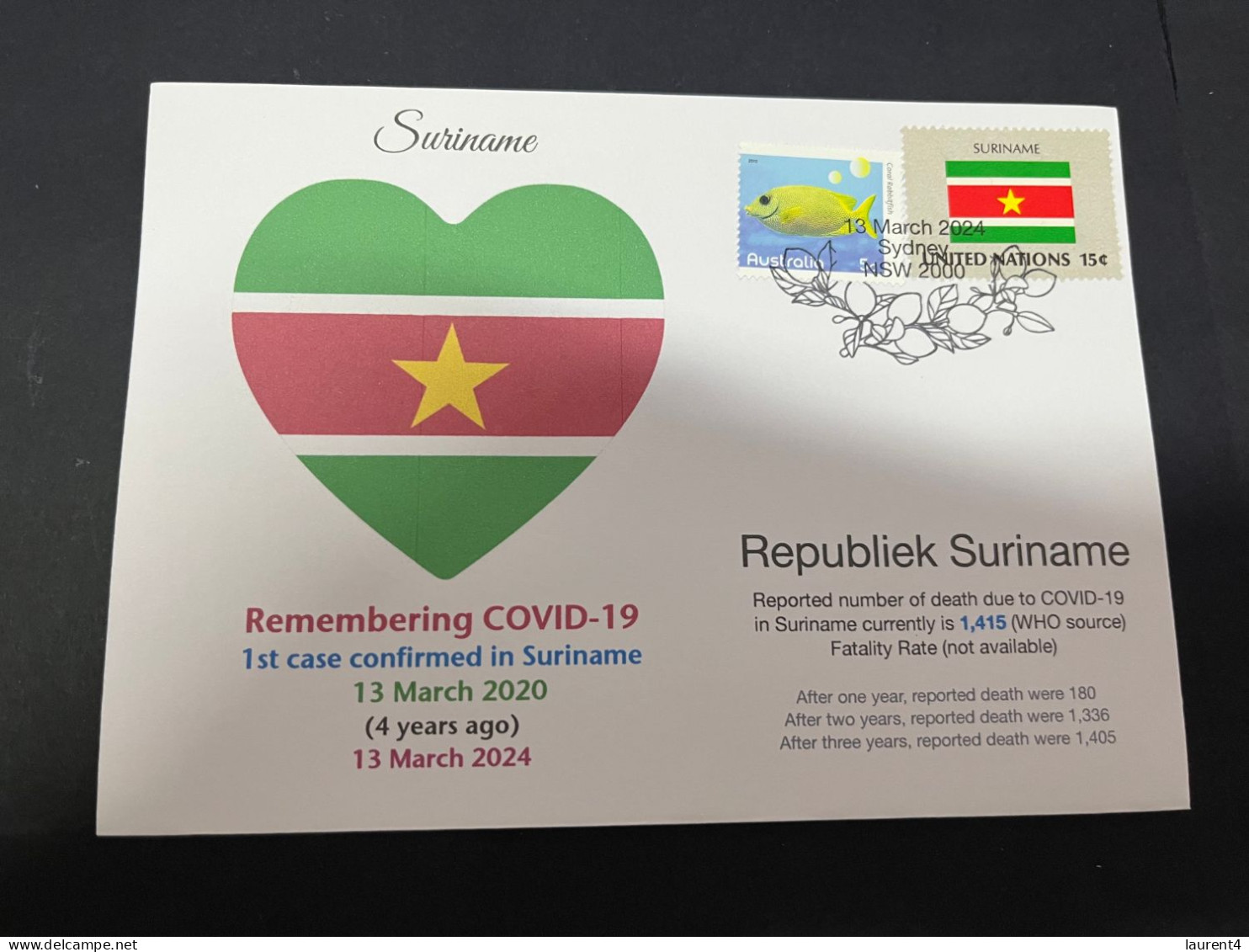 13-3-2024 (2 Y 52) COVID-19 4th Anniversary - Suriname - 13 March 2024 (with Suriname UN Flag Stamp) - Disease