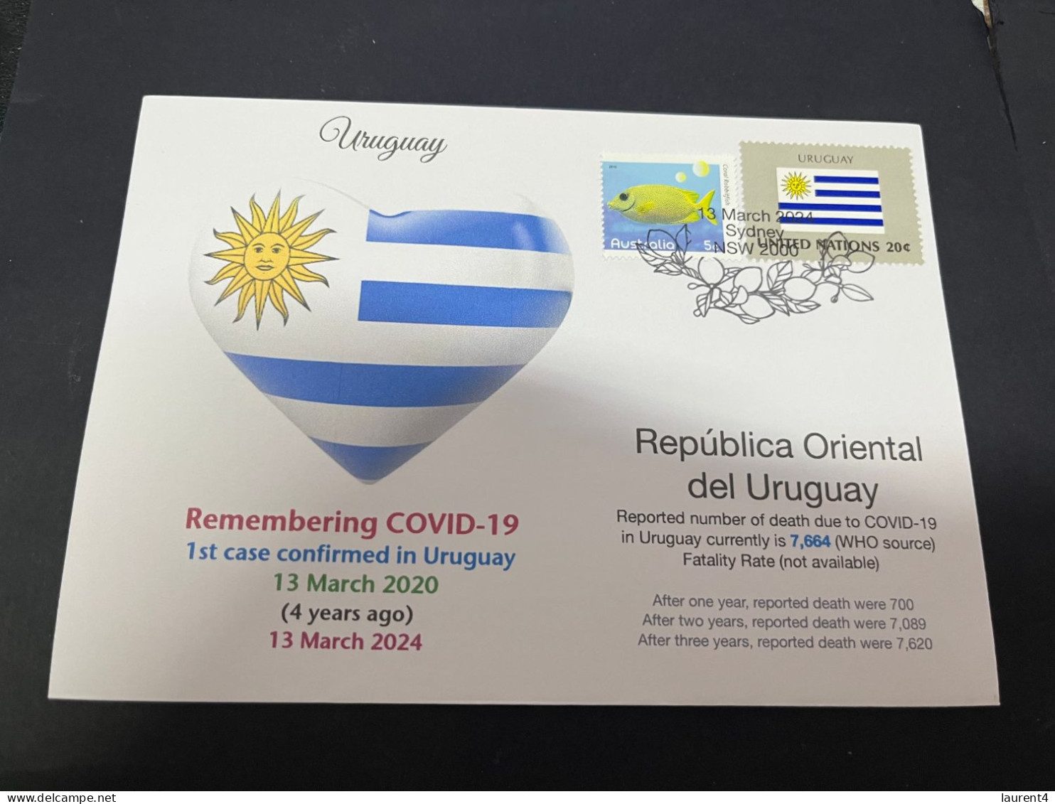 13-3-2024 (2 Y 52) COVID-19 4th Anniversary - Uruguay - 13 March 2024 (with Uruguay UN Flag Stamp) - Disease