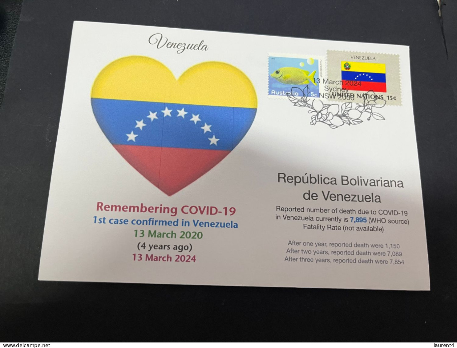 13-3-2024 (2 Y 52) COVID-19 4th Anniversary - Venezuela - 13 March 2024 (with Venezuela UN Flag Stamp) - Disease