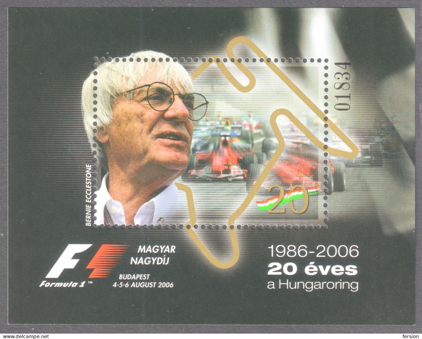 2006 Hungary Grand Prix 20th Anniv Formula 1 F1 HUNGARORING Bernie Ecclestone FERRARI Philatelist Memorial Sheet - Automobile