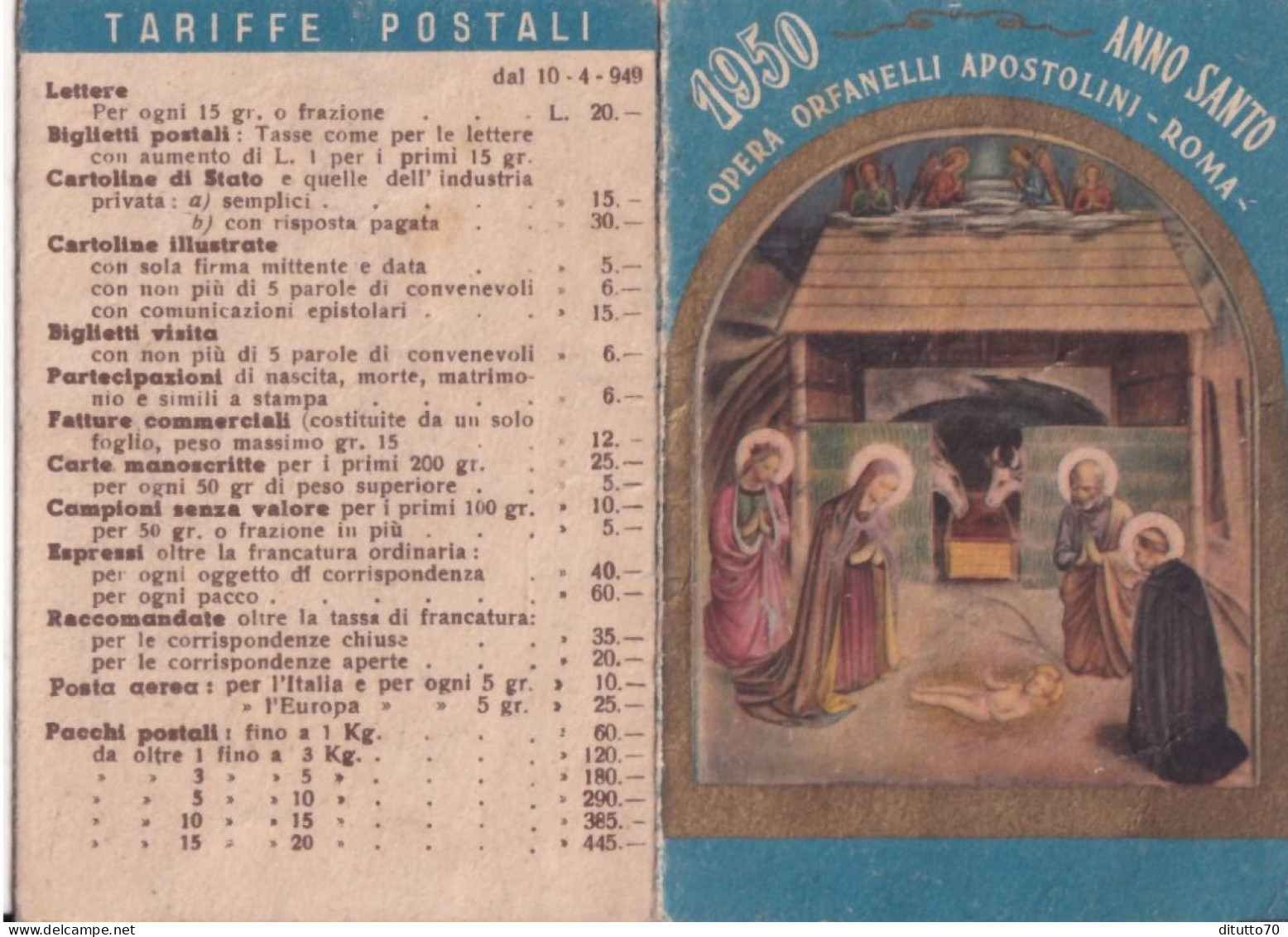 Calendarietto - Opera Orfanelli Apostolini - Roma - Anno 1950 - Kleinformat : 1941-60