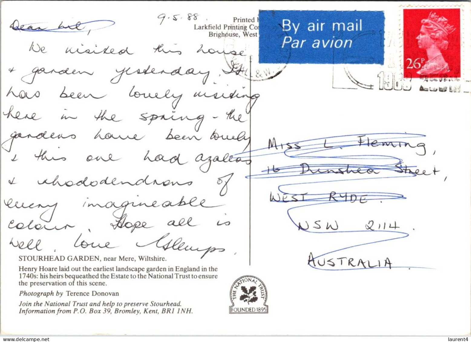 13-3-2025 (2 Y 53) UK - Stourhead Gardens (posted To Australia 1988) - Other & Unclassified