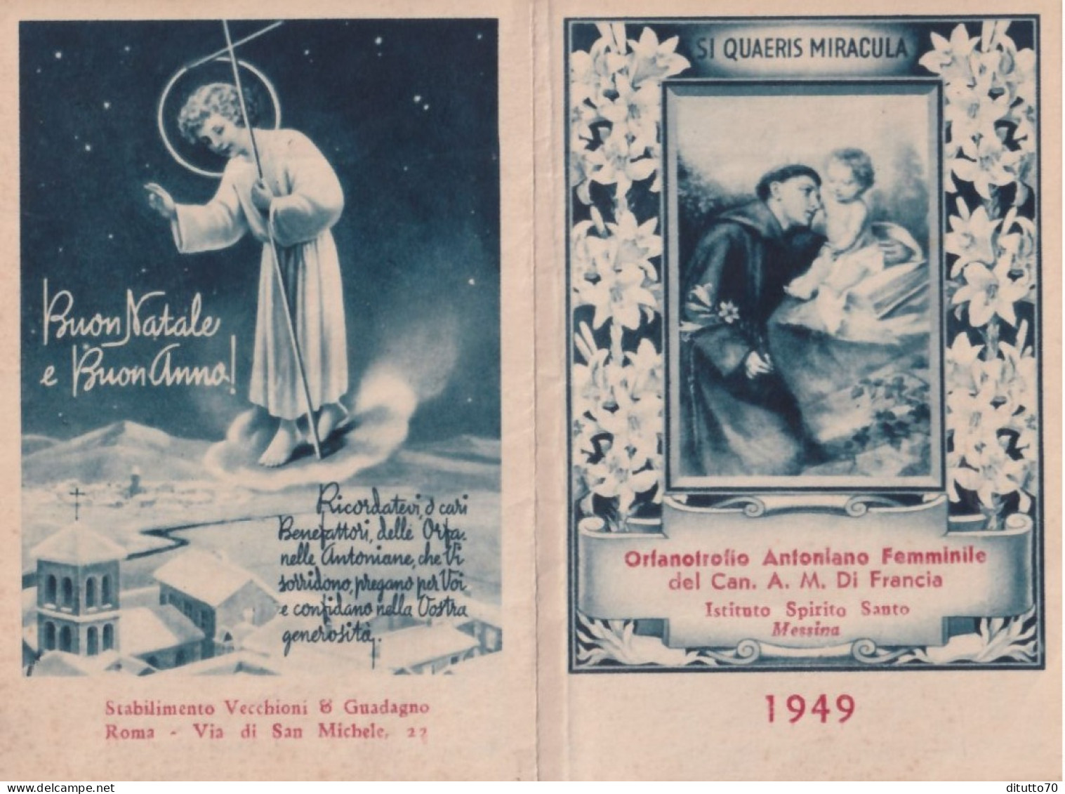 Calendarietto - Orfanotrofio Antoniano Femminile  Del Can A.m.di Francia - Messina - Anno  1949 - Petit Format : 1941-60