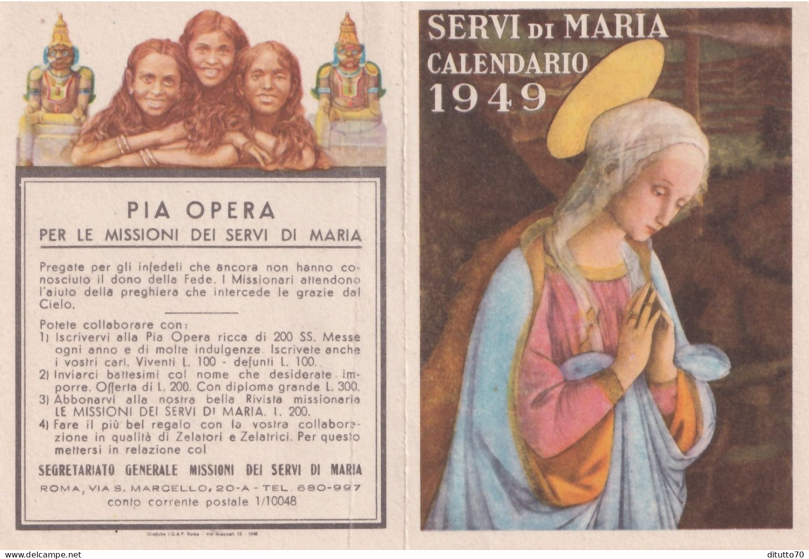 Calendarietto - Pia Opera Per Missioni Dei Servi Di Maria - Roma - Anno 1949 - Small : 1941-60