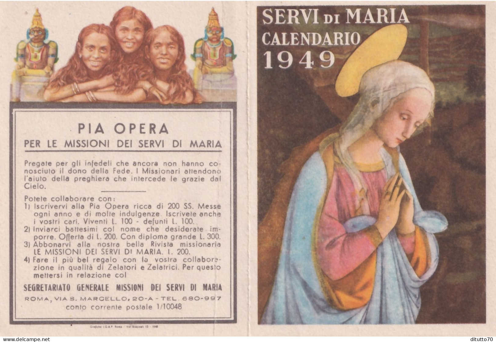 Calendarietto - Pia Opera Per Missioni Dei Servi Di Maria - Roma - Anno 1949 - Tamaño Pequeño : 1941-60