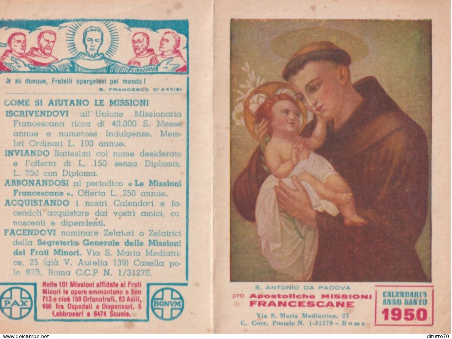 Calendarietto - Pro Apostoliche  Missioni Francescane - Roma - Anno 1950 - Formato Piccolo : 1941-60