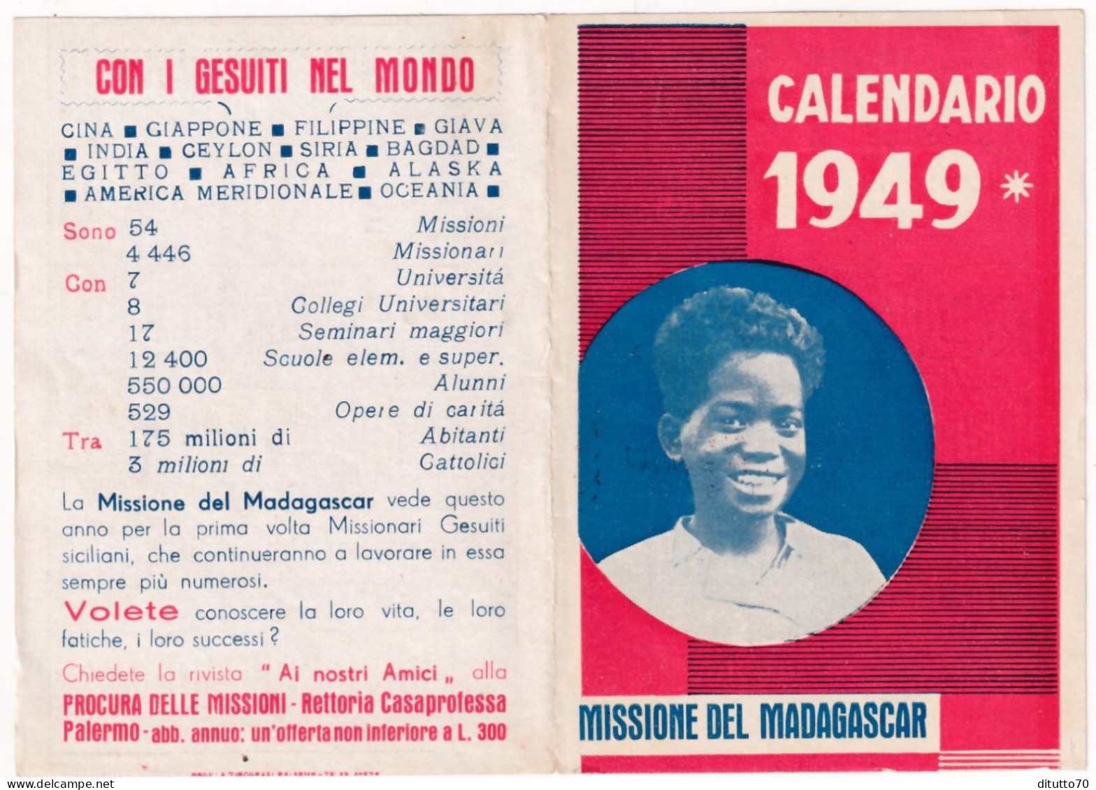 Calendarietto - Procura Della Missioni Rettoria Casaprotessa Palermo - Missione Del Madagascar - Anno 1949 - Tamaño Pequeño : 1941-60