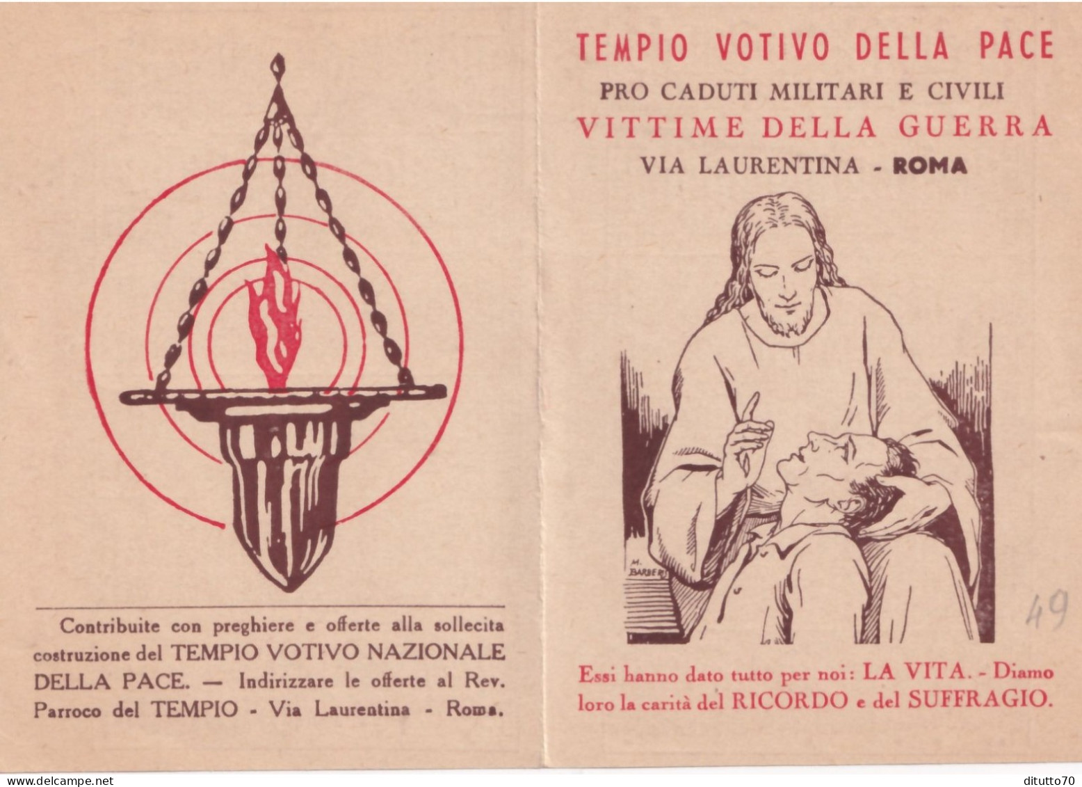 Calendarietto - Tempio Votivo Nazionale Della Pace -  Pro Caduti Militari E Civili - Vittime Della Guerra - Anno 1949 - Small : 1941-60