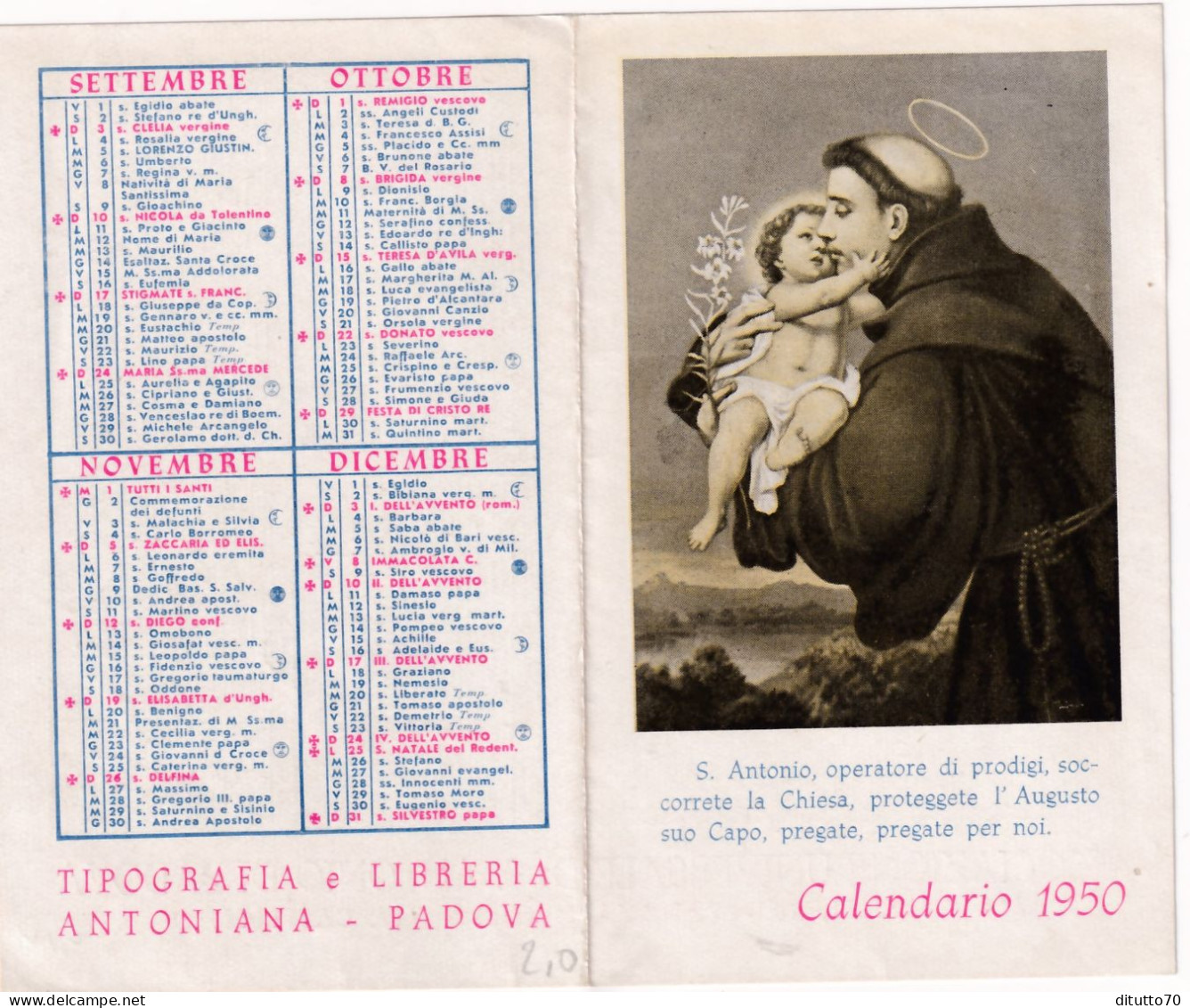 Calendarietto - Tipografia E Libreria Antoniana - Padova - Anno 1950 - Tamaño Pequeño : 1941-60