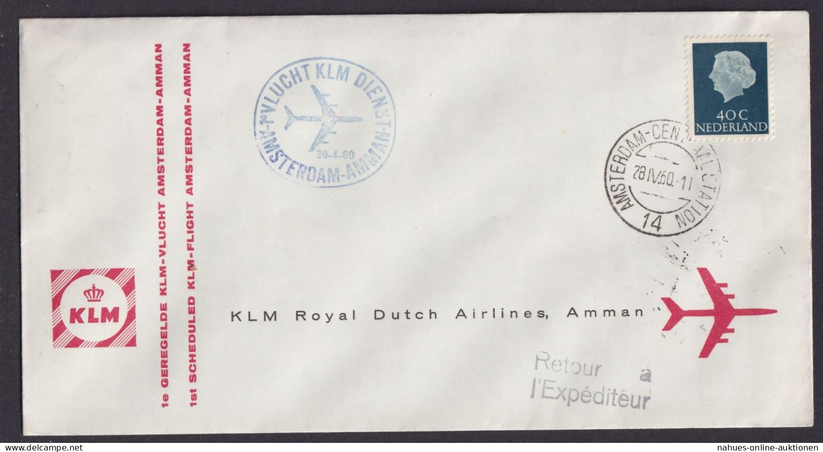 Flugpost Brief Air Mail KLM Amsterdam Niederlande Amman Jordanien 28.4.1960 - Luchtpost