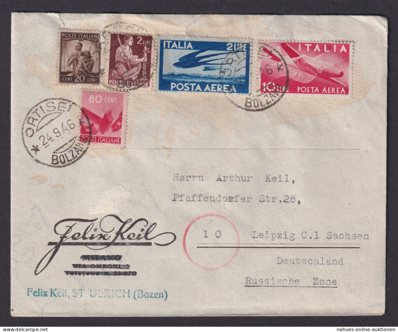 Flugpost Brief Air Mail Ortisei Sankt Ulrich Italien Leipzig Russische Zone - Gebraucht