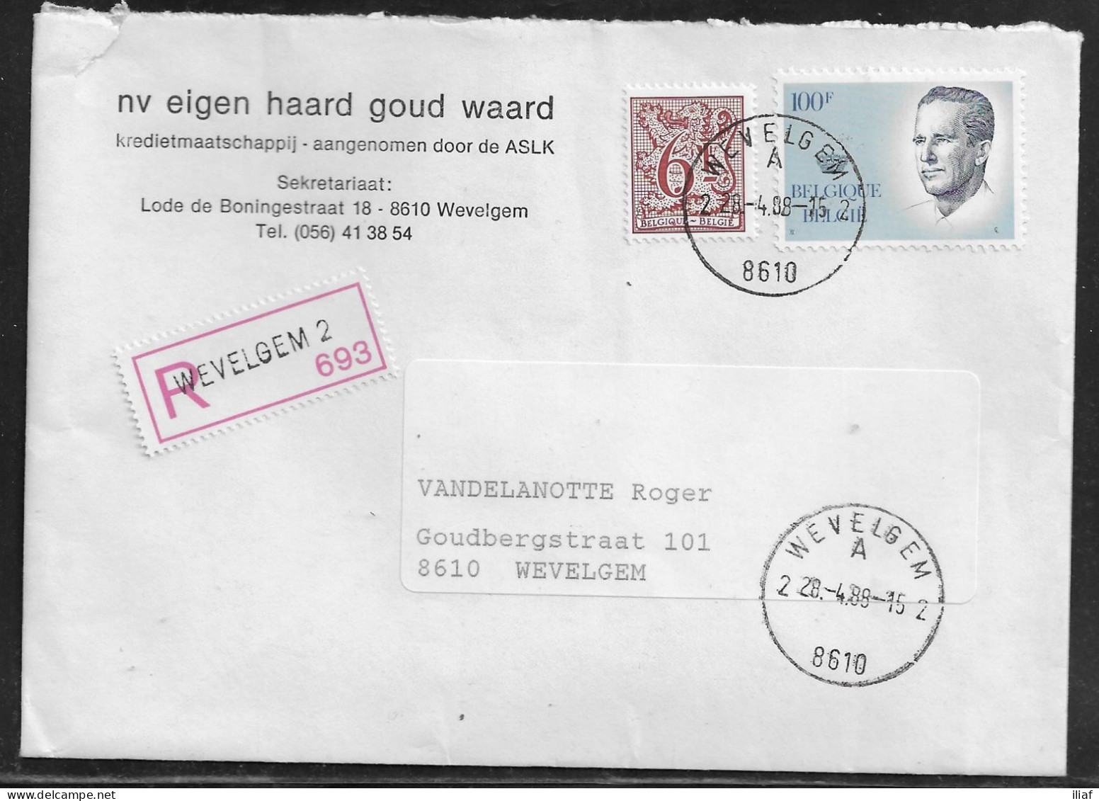 Belgium. Stamps Sc. 976a, Sc. 1103 On Registered Letter, Sent From Wevelgem On 28.04.1988 For Wevelgem - Cartas & Documentos